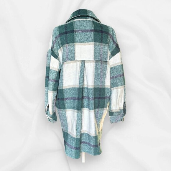 Green & White Plaid Button-Down Oversized Shirt Jacket By So Womens Size S Made - Picture 3 of 9